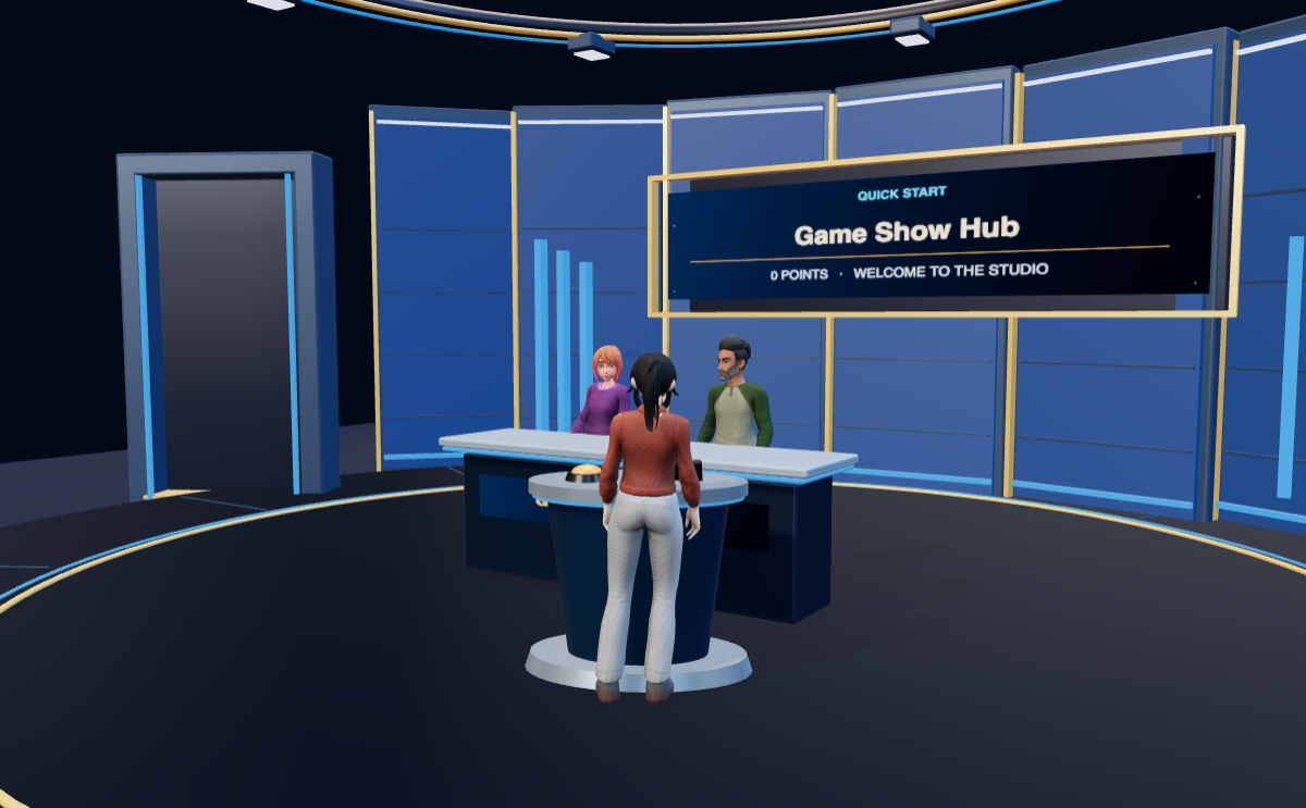 The GameShowHub studio, with the hosts and a contestant at the podium.
